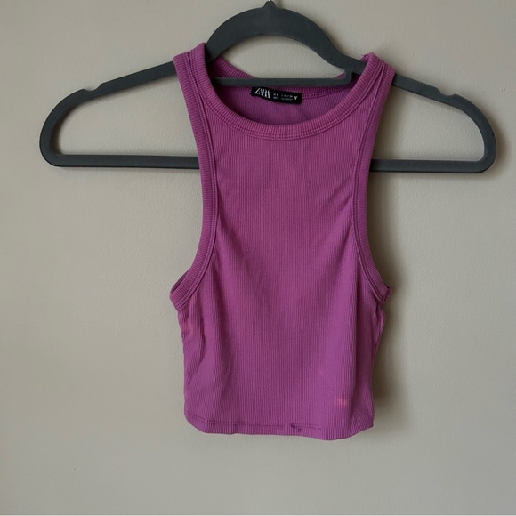 Zara Women's Pink Purple Magenta Ribbed Cropped Tank Top Size Small - Picture 1 of 5